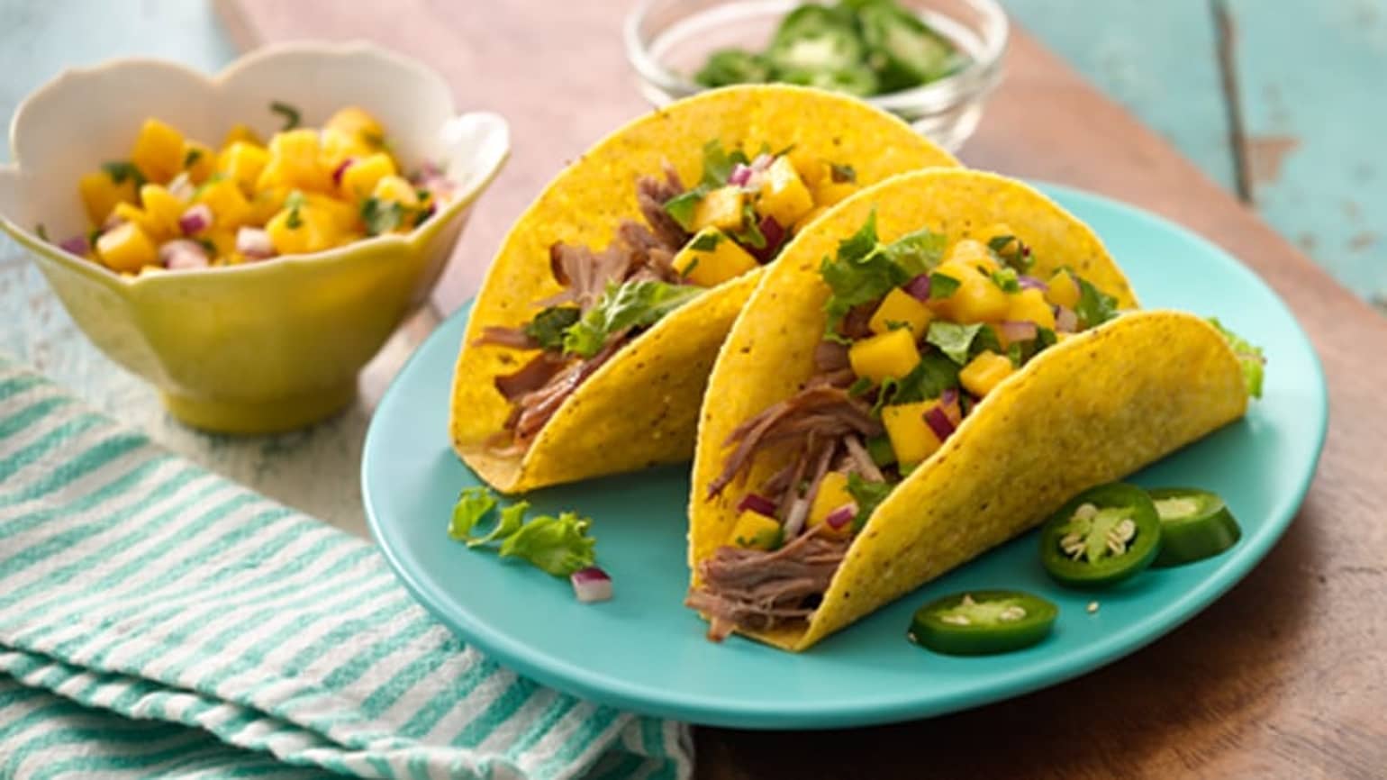 pulled pork tacos with mango salsa